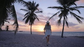 A woman strolls along the quiet beach at sunrise in Key West, Florida, surrounded by gently swaying palm trees and the sound of waves, capturing a moment of serenity and tropical beauty.  - Powered by Shutterstock - Get 15% off with code: PIKWIZARD15