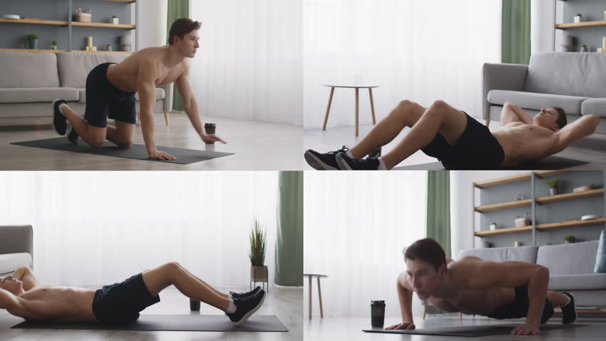 Various athletic exercises are performed by a fit individual in a bright and airy indoor setting. The workout features core, strength, and flexibility training for an active lifestyle.