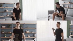 Young man engages in a diverse workout routine using dumbbells at home. He performs shoulder raises, rests between sets, and completes bicep curls, promoting a healthy lifestyle. - Powered by Shutterstock - Get 15% off with code: PIKWIZARD15