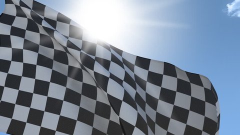Checkered flag Waving on the Wind with the sun behind. Seamless Loop.