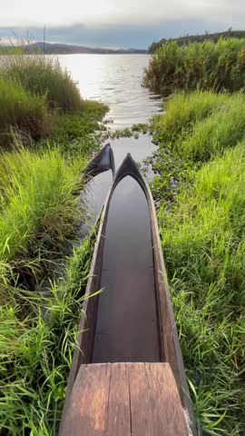 Two abandoned wooden canoes filled with rainwater rest among tall grass by a lakeshore. Peaceful yet melancholic scene of nature reclaiming old boats