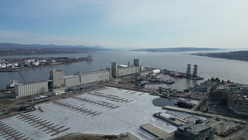 Gare Du Palais station in quebec city and downtown skyline and port of quebec drone aerial
