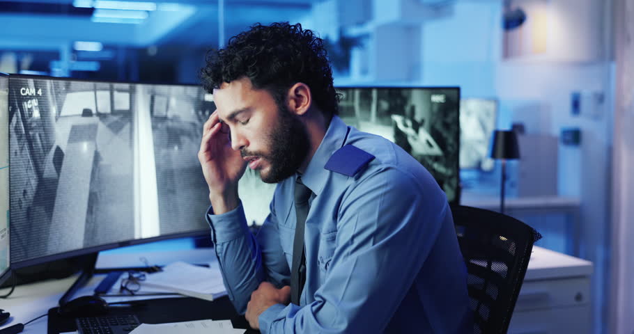Tired, security guard or man with headaches or cctv screen in night or late shift for safety or video surveillance. Stress, digital monitor and person with migraine in control room for protection