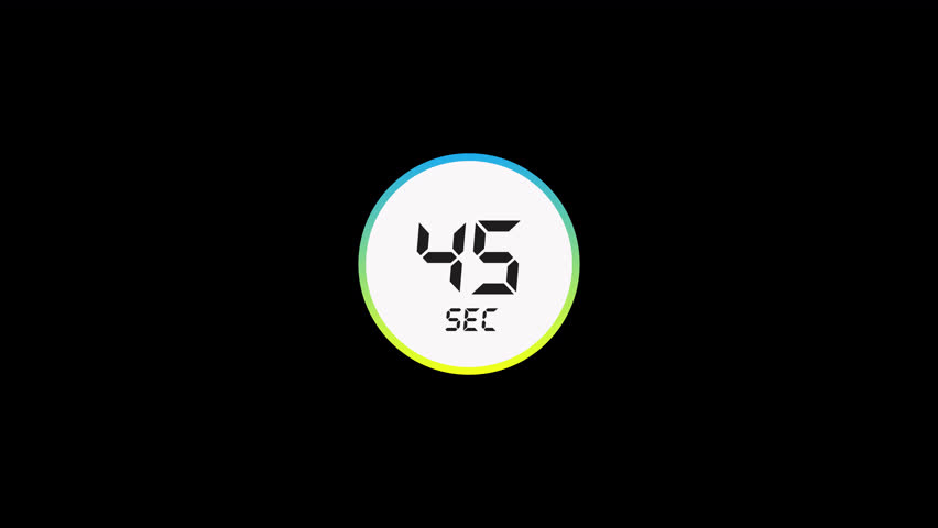 45 seconds circle countdown timer animation, animated simple digital 45 seconds countdown on black background.