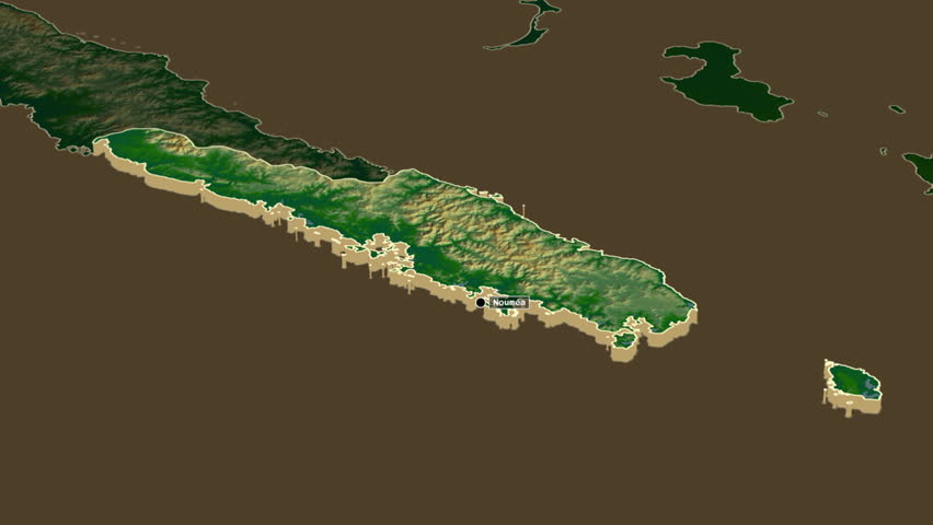 Sud region, New Caledonia, extruded. Physical map