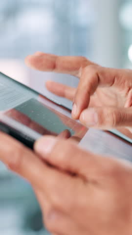 Hands, tablet screen and website for trading online with investment, stock exchange and statistics. Scroll, internet and network with person with information technology, economy or finance report