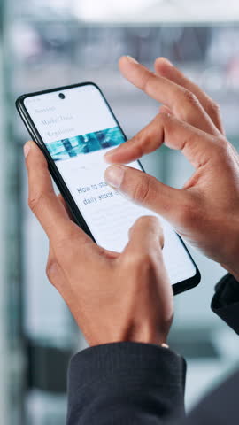 Hands, phone screen and website for stock exchange online for investing, tips or trading. Scroll, internet and network with male employee with information technology, ui or ux with economy research