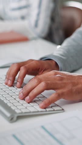 Hands, keyboard and typing of business person on computer for report or feedback in office. Email, internet and network with employee man for information communication, planning and research