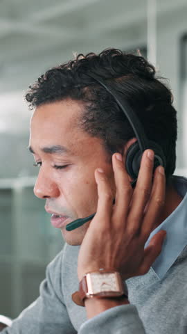 Call center, tech support and business man talking for assistance with IT help desk technician. Happy consultant, customer service and conversation for advice, software solution and troubleshooting