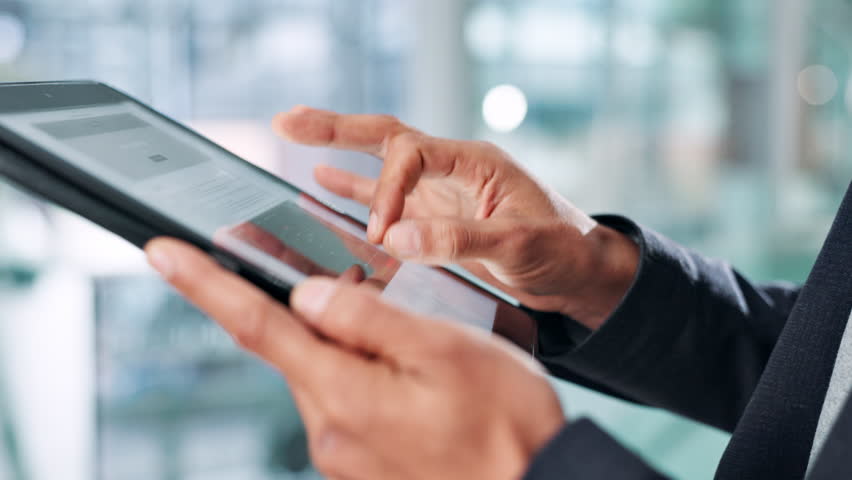 Website, tablet screen and man in office, hands and typing with subscription, connection and network. Person, closeup or employee in workplace, tech or digital app for data analytics or survey review