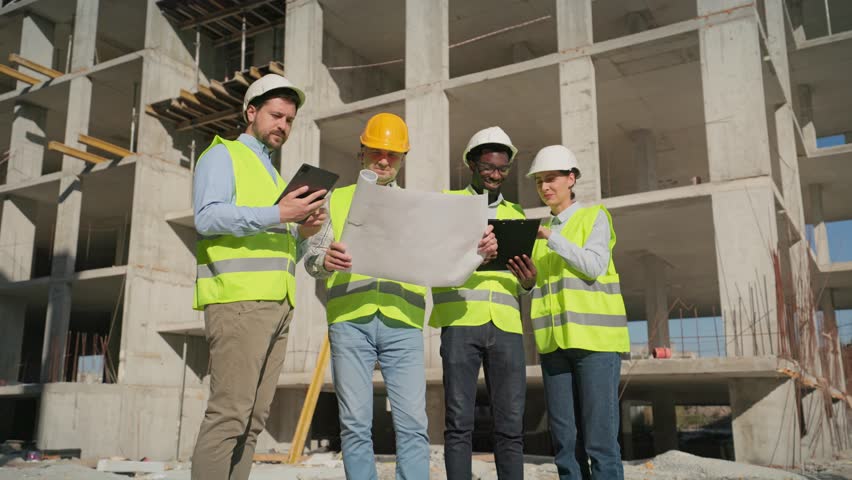 Multiethnic males and female constructors in helmets discussing project outdoors with drawings in hands. Group of men and woman with construction plans standing at developing project, planning work.