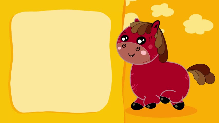 Cartoon kawaii character hors brown animal walking outro animation for titles. Good for end of fairy tales presentation, illustration, etc... Cute intro frame included for ending.