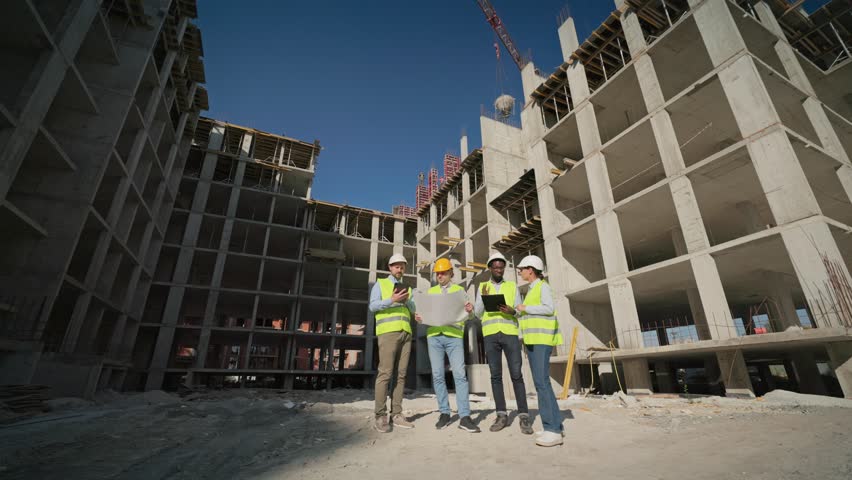 Group of female and males constructors in safety helmets working and talking on-site. Woman and men of different races examining blueprints near building under construction. Outdoor teamwork.