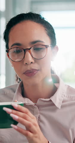 Business, woman and thinking with coffee in office for morning start, accountant and break. Person, beverage and reading with glasses of financial management, budget information and work productivity