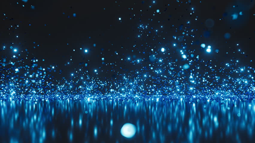 3D animated background. Bright blue sparks and glitter particles sparkling in the dark. Magical and festive atmosphere