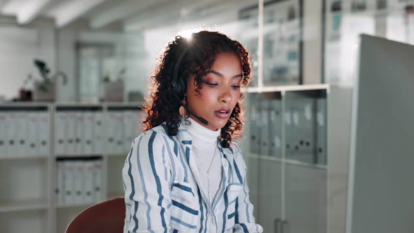 Computer, contact us and headset with woman in call center for help or online assistance. Communication, conversation and customer support with employee in office for feedback as virtual assistant - Powered by Shutterstock - Get 15% off with code: PIKWIZARD15