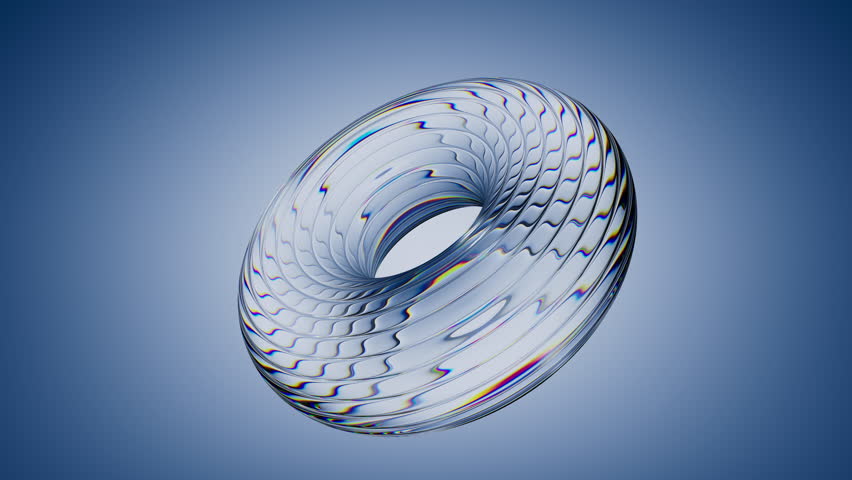 looping 3D animation. Abstract minimalist light blue background. Ribbed glass torus object spins and rotates endlessly