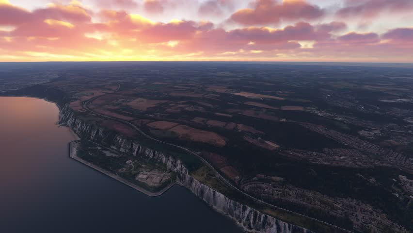 3D - Circular aerial shot at sunset of White Cliffs of Dover. United Kingdom