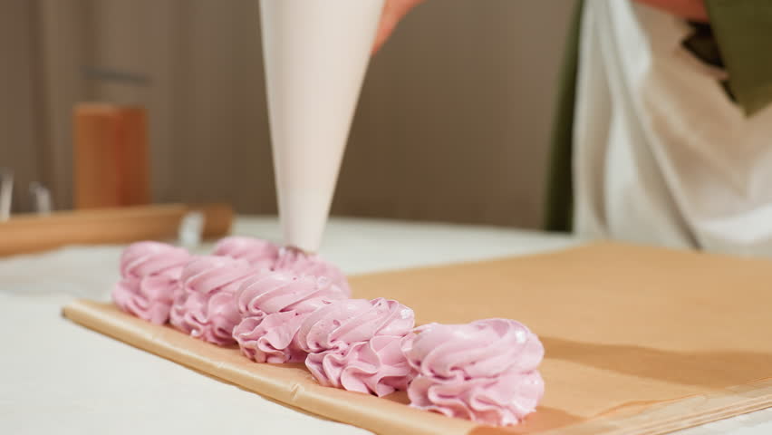 Close up of cupcake preparation showing piping bag forming swirls of fluffy pink dough on brown baking paper in neat row during baking process inside cozy kitchen with soft lighting and rustic decor