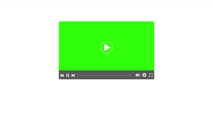 Green screen multimedia player animation on white background, green screen video player animated, video player playback with alpha channel.