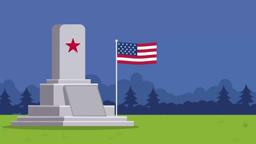 Memorial Day - Honoring All Who Served, and soldier Paying respect flat art animation.