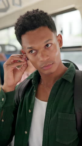 Student, man and travel with earphones on bus for music streaming, journey or radio for morning commute. Backpack, passenger and listening to audio playlist on public transport for ride to university