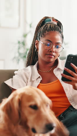 Happy, dog and woman with smartphone, home or love for emotional support animal, pet care or lounge. House, owner and black person with golden retriever in living room, smile or adoption of companion
