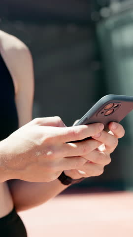Person, hands or typing with phone for fitness app, sports news or online betting on outdoor court. Closeup, athlete or player texting on mobile smartphone for social media, research or communication