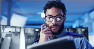 Surveillance, tablet and thinking with man in control room for for monitoring, safety or security. CCTV, decision and planning with police officer at government headquarters for law enforcement - Powered by Shutterstock - Get 15% off with code: PIKWIZARD15