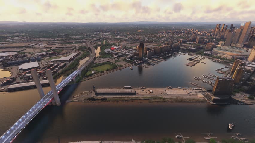 3D - Side aerial drone shot at sunset of Port Melbourne in Victoria. Australia