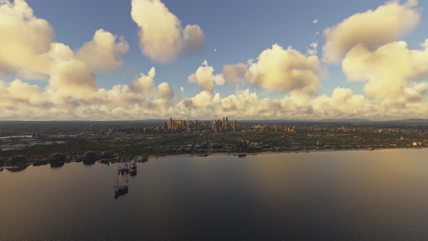 3D - Circular aerial drone shot at sunset of cargo ships at Port Melbourne in Victoria. Australia