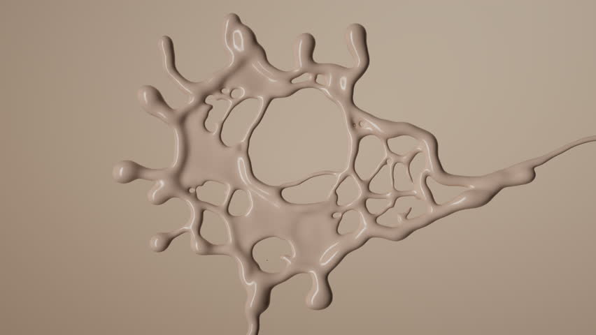 Beige liquid morphing against the beige background. Paint blotch transforms into multiple droplets. 3D animation. A visual concept of transformation and flow