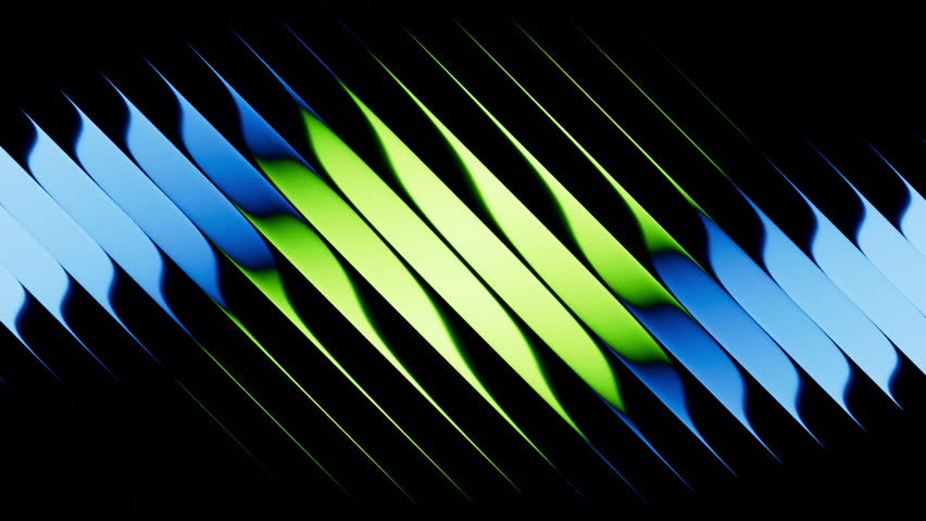 cycled 3d animation. Diagonal lines with blue green gradient. Abstract minimalist background divided into glossy stripes with reflection. Optical illusion of morphing visual effect