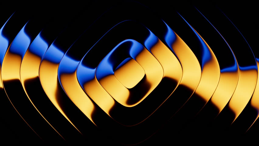 Looping 3D animation. Abstract minimalist background with reflection. Blue and yellow gradient transforms and changes colors inside the rounded geometric shapes