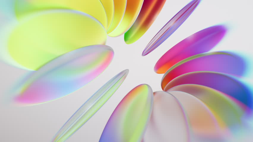 Looping 3D animation. An abstract unfocused background with a holographic effect. Round, flat glass lenses refract light in all the colors of the spectrum. Ambient multicolored aesthetic design
