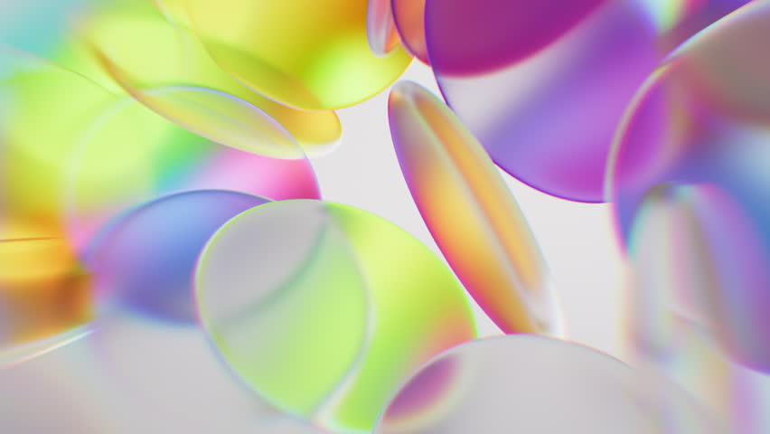 Looping 3D animation. Abstract background of unfocussed round glass lenses spinning and rotating, shimmering in all the colors of the neon spectrum. Modern minimalist wallpaper