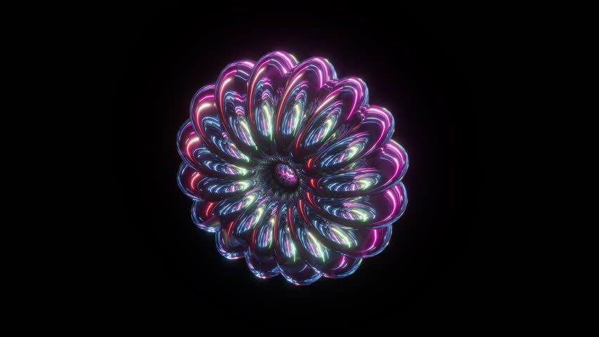 looping 3d animation. Iridescent glass ribbed torus, reflecting neon light, continuously spinning in dark space. Simple geometric object isolated on black background. Aesthetic holographic wallpaper