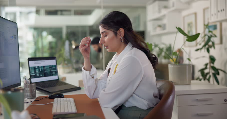 Business woman, headache and computer with burnout, tired and frustrated with project or anxiety in workplace. Person, fatigue or consultant with migraine for stress, brain fog or dizzy with crisis