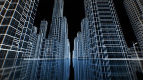 Moving Through the Abstract Digital City Wire Mesh Style. Buildings Grid Lines Blueprint Illustration Black Background. Flying Along Futuristic Street Wireframe 3d Animation Technology Concept 4k. - Powered by Shutterstock - Get 15% off with code: PIKWIZARD15