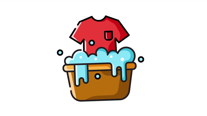Animated Laundry day scene with red tshirt in brown basket and blue soap suds. Ideal for showcasing cleanliness, household chores, laundry services.