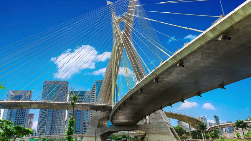 Octavio Frias de Oliveira Bridge in Sao Paulo is the Landmark of the City Aerial view of the Estaiada bridge. Sao Paulo Brazil. Business center. Famous cable-stayed bridge (Ponte Estaiada).