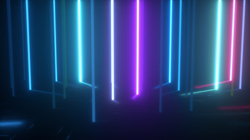 Led neon multicolored light pillars flickering in a seamless loop. Simple geometric flicker bulbs vj loop background. Neon lights illuminating a dark room looped 4k animation.