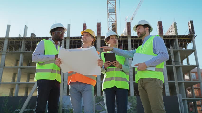 Diverse team of male and female constructors in helmets and vests discussing a blueprint at a construction site. Collaboration outdoors with cranes and building structure in the background.