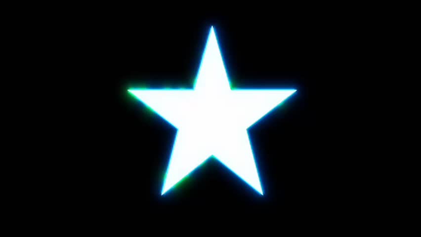Animated white five-pointed star with neon glow, chromatic aberration effect, and vibrant blue-green edges on black background.