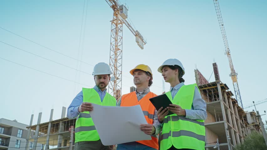 Three engineers in helmets and vests reviewing blueprints and tablet at construction site. Cranes and building framework in background of outdoor project collaboration. Males and female constructors.