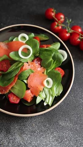 Salad salmon seafood appetizer vegetable dish fresh tasty gourmet food background on table rustic food top view copy space keto and paleo diet vegetarian food pescetarian diet