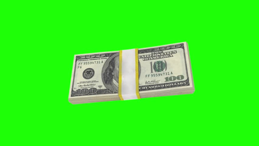 Looped rotation of a stack of dollars on a green background.