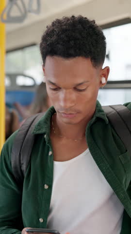 Man, student and earphones with phone on bus for listening to music, podcast and public transport. Passenger, mobile and streaming audio of morning commute, sound connection and journey to university