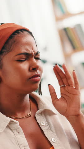 Woman, student and massage headache at house with brain fog, vertigo and stress of university debt. African person, migraine and anxiety for scholarship pressure, education burnout and breakdown risk