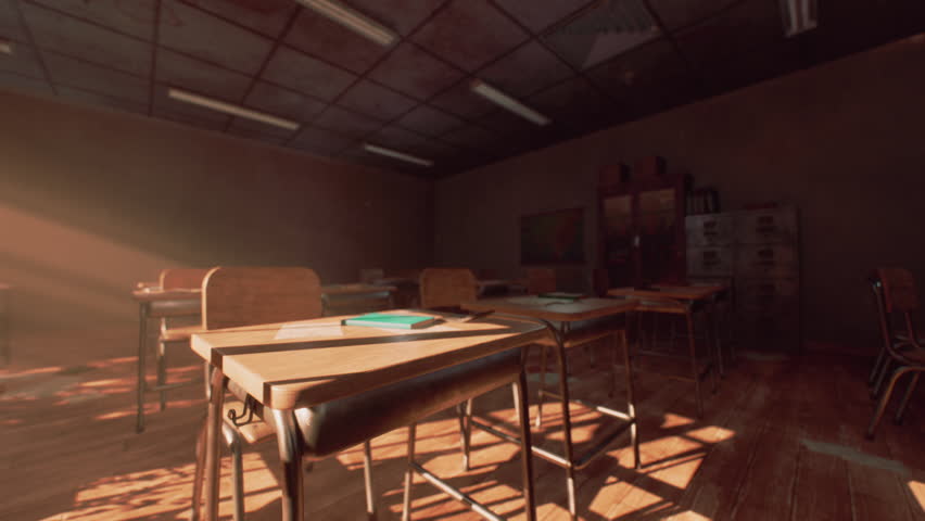 Dust settles on empty wooden desks in an abandoned classroom. Sunlight filters through the cracked windows, illuminating forgotten materials and the faded memories of learning within these walls.